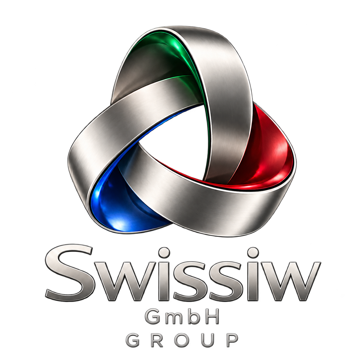 Swissiw GmbH Group – Platinlogo mit grünen, blauen und roten Bändern und Schriftzug